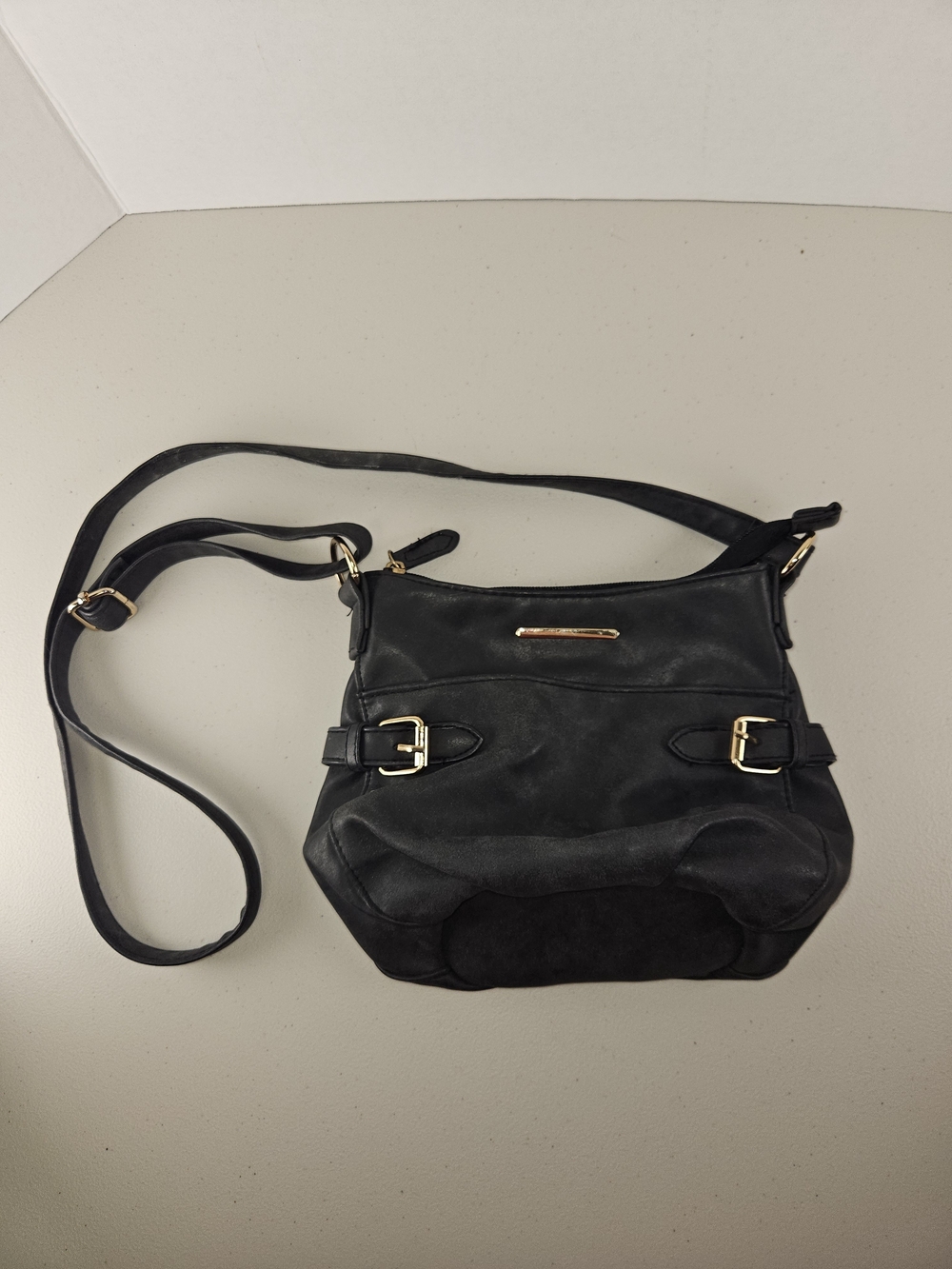 Faux Leather Atmosphere Black Crossbody Bag with Gold Accents